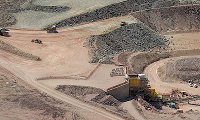 Panoramic view of coarse ore stockpile and primary crusher