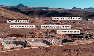 Panoramic view of the solution ponds: SART, Pregnant solution, Intermediate solution, Barren and Major events