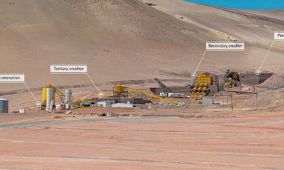 Panoramic view of crushing circuit, agglomeration plant and leach pad